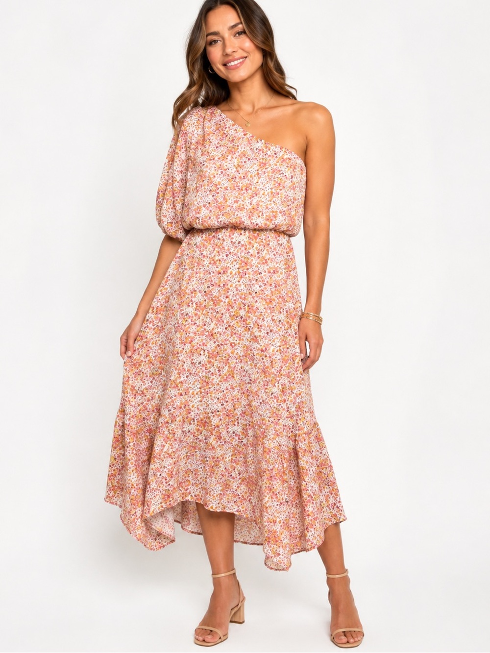 Laundry By Shelli Segal One-Shoulder Floral Dress in Pink and Gold
